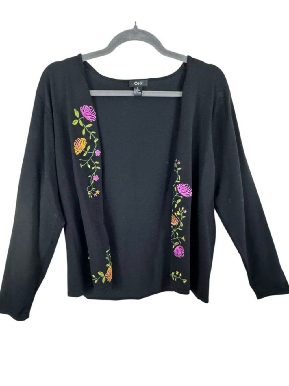 OBEE Black Floral Embroidered Silk Nylon Open Cardigan‎ Sweater Size L